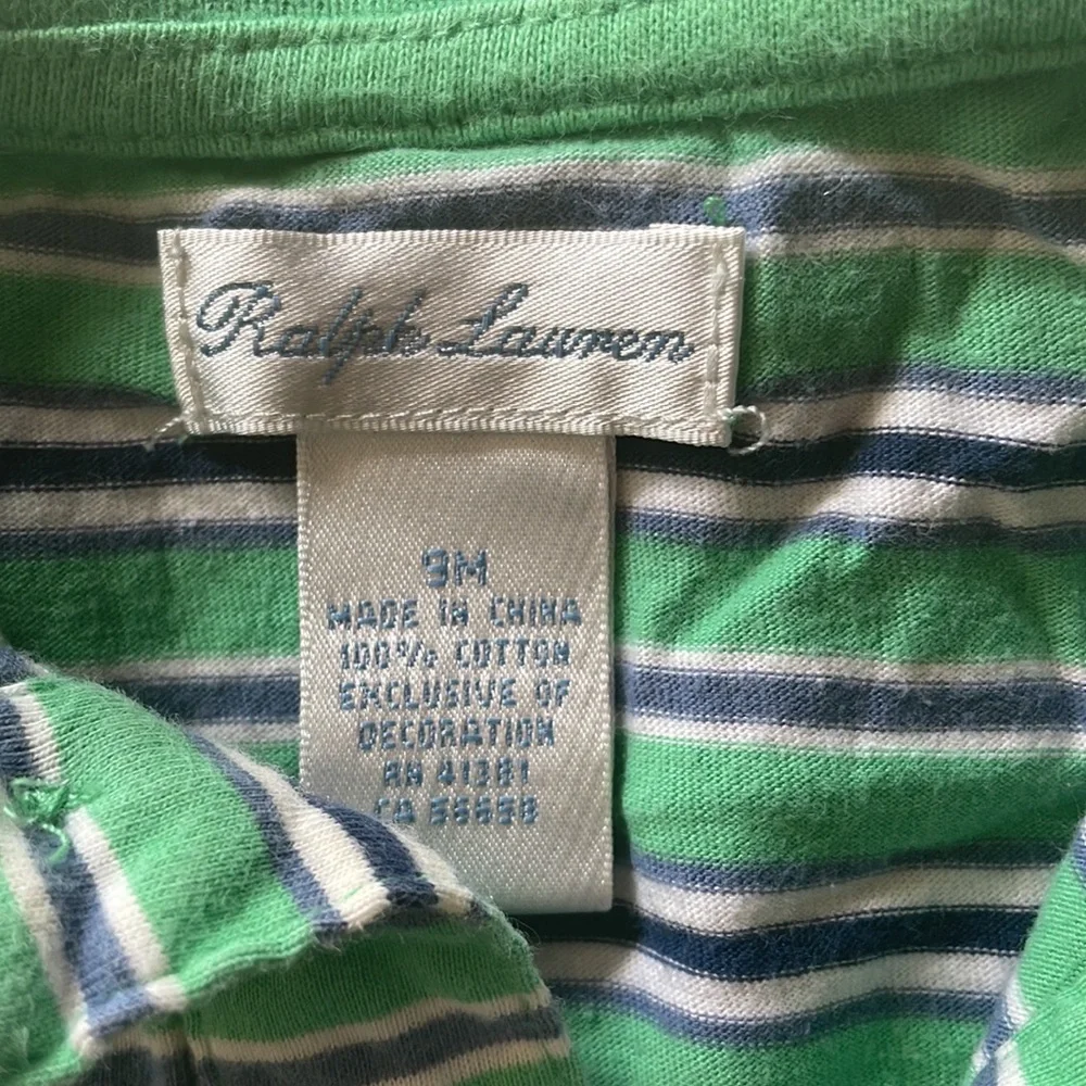 Ralph Lauren size 9 month, onesie, shorts, green, and blue, striped orange polo